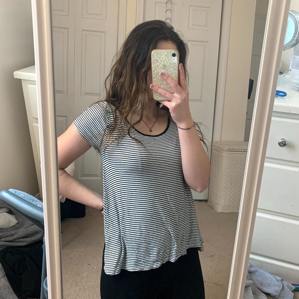 White & Black Striped Short Sleeve Top